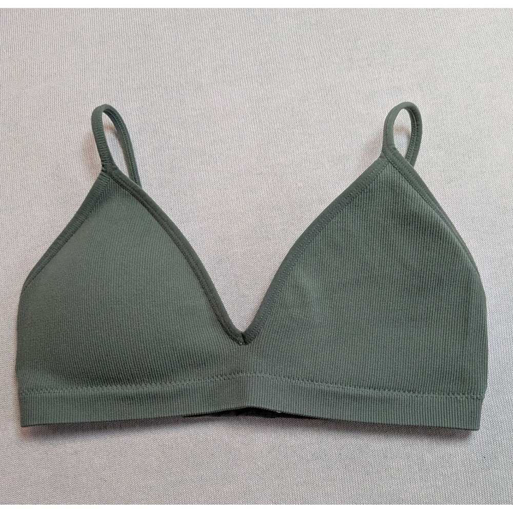 Rose + Vine Ribbed Triangle Bralette Sage Green Olive 34D 36C EUC